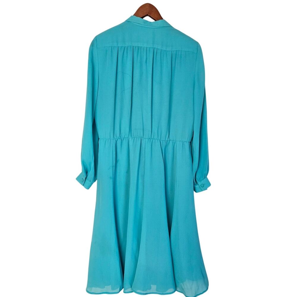 1980s Vintage Turquoise Chiffon Secretary Dress Sheer Bishop Sleeve USA Size 10 - Picture 2 of 10